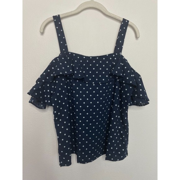 J.Crew Sz 6 Polka Dot Cold Shoulder Top Blue White Ruffle Tiered Cotton Textured - Picture 4 of 13